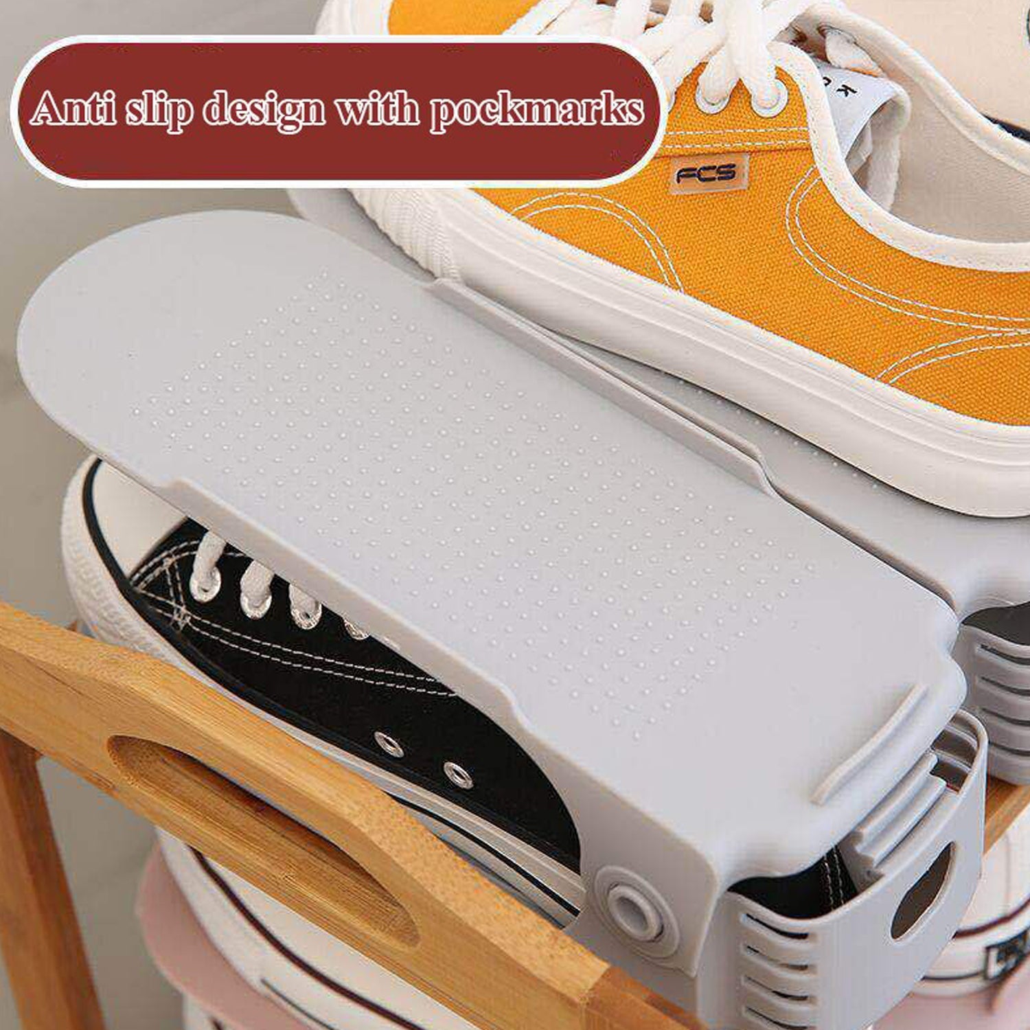 Adjustable shoe slots organizer for neat closet storage. Adjustable shoe slots organizer for neat closet storage.